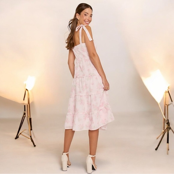 Francesca’s Romantic Pink Floral Tiered Midi Dress Tie Shoulder Bows Size M - Picture 3 of 13